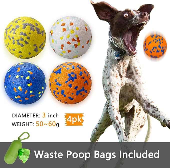 Dog Tennis Balls for Aggressive Chewers, Indestructible Dog Balls for Fetch Game, Durable Bouncy Lightweight Floating Toys (4 Mixed Colors, Large (3" Diameter))