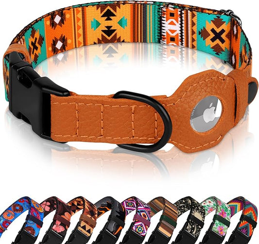 AirTag Dog Collar with Metal Buckle - Soft Leather Printed Nylon Dog Collar with Apple AirTag Holder - Cute Tracking GPS Pet Collars for Girl Boy Small Large Dogs (XL, 20"-25" Neck Fit, Southwest)