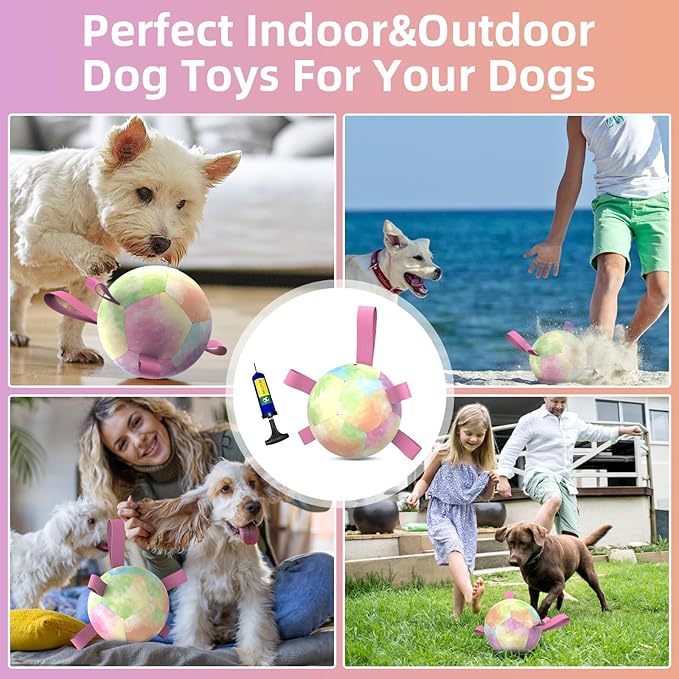 QDAN Dog Toys Soccer Ball with Straps, Durable Dog Balls for Tug of War, Puppy Birthday Gifts, Dogs Water Toy Small Dogs-Rainbow(5 Inch)