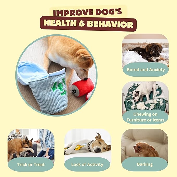 Squeaky Dog Toy, Interactive Plush Hide & Seek Puzzle Toys for Small Medium Large Dogs â Treat Dispenser 4-in-1 Durable Chew Toy, Dog Birthday for Dog Gifts (Trash Can)