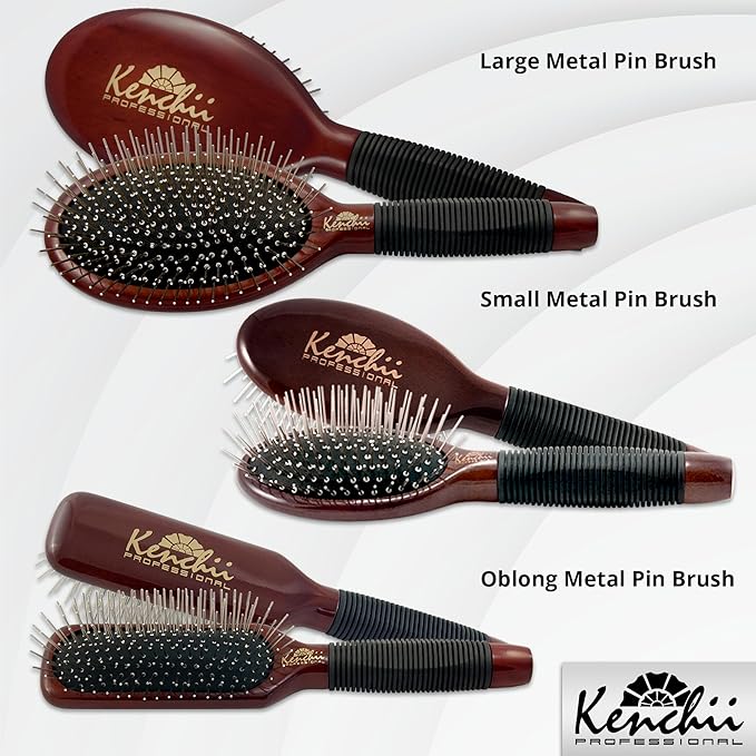 Kenchii Pet Grooming Metal Pin Brush | Solid Wood, Non-Slip Grip Detangling and Shedding Tool for Long or Short Haired Pets - Large Oblong Size
