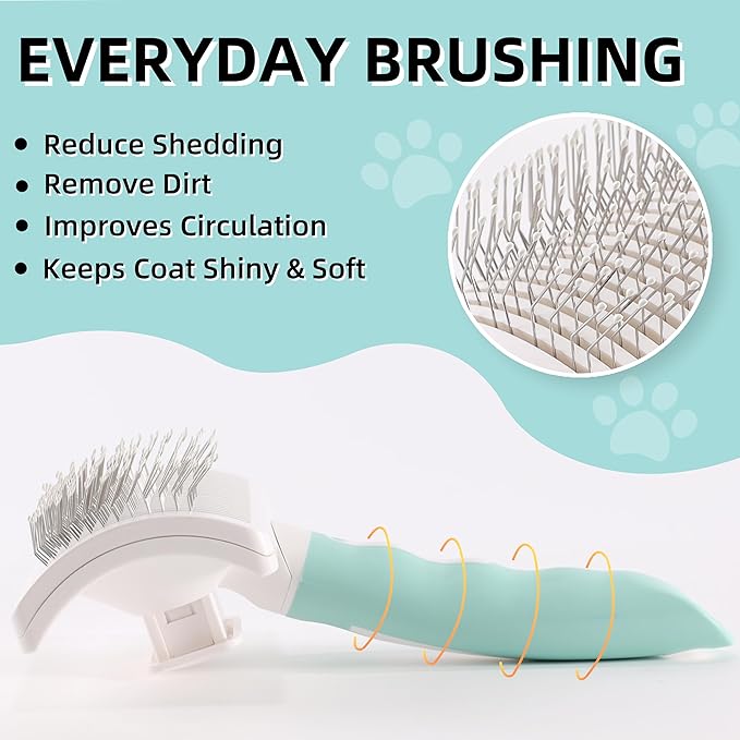 Dog Self-Cleaning Slicker Brush with One Button Fur Removal and Coated Tips Deshedding Brush for Long Hair Dogs and Cats for Shedding Massaging Grooming Green