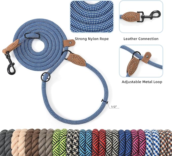 Mile High Life Hands Free Dog Leash, Crossbody Waist Leash with Genuine Leather Connection, Multifunctional Adjustable Slip Lead for Dog Walking Running (Blue White, 8FT)