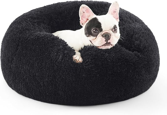 Bedsure Calming Dog Bed for Small Medium Dogs - Donut Washable Medium Pet Bed, 27 inches Anti-Slip Round Fluffy Plush Faux Fur Cat Bed, Black
