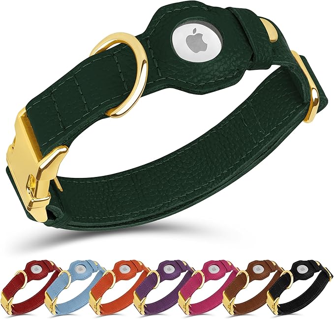 Leather Airtag Dog Collar - Soft Tracking Dog Collar with Apple AirTag Holder and Metal Buckle - Safety GPS Pet Collars for Small Medium Large Dogs Puppy Pink Red (Green, S, 12"-15" Neck Fit)