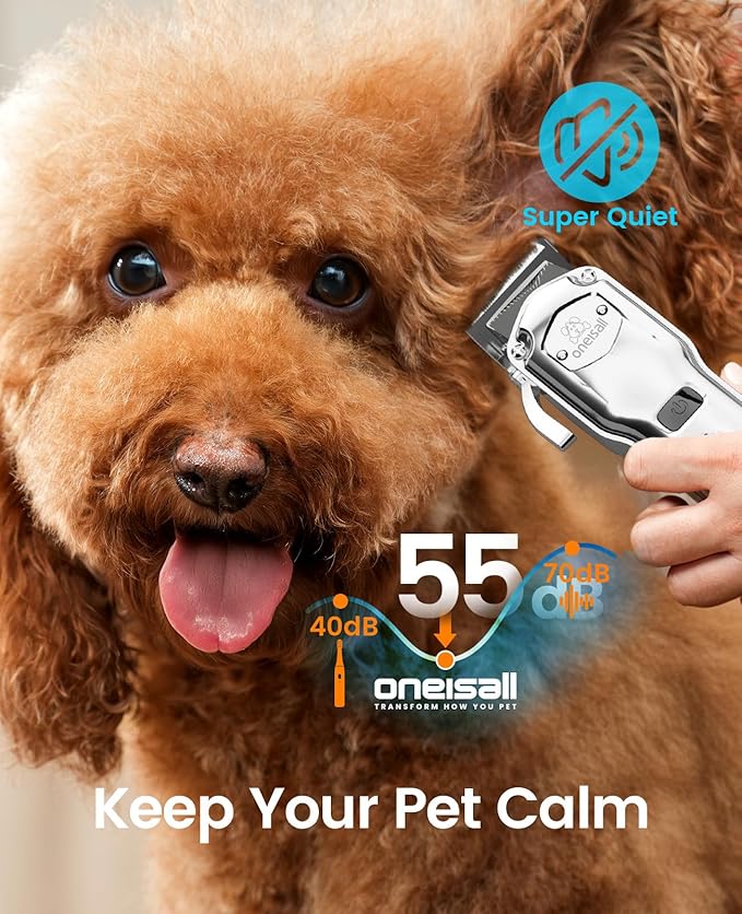 oneisall Dog Clippers for Grooming Thick Hair Professional,Cordless/Low Noise Pet Grooming Kit with Detachable Metal Combs, Rechargeable Heavy-Duty Pet Clippers for Thick/Curly/Fine/Wavy Hair (Sliver)