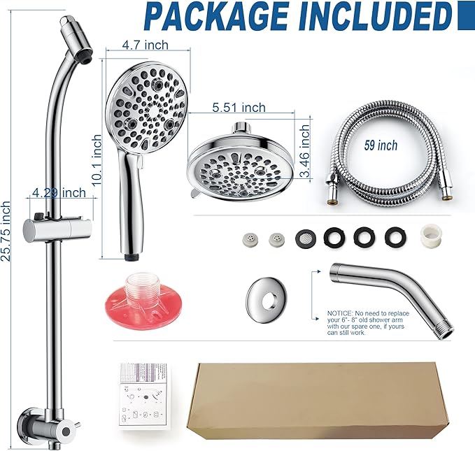 High Pressure Handheld/Rain 82-mode 3-way Shower Head Combo with 25.75" Adjustable Drill-free Stainless Steel Slide Bar, Pet & Tub Power Wash and Anti-clog Nozzles, with 5ft Hose - Polished Chrome