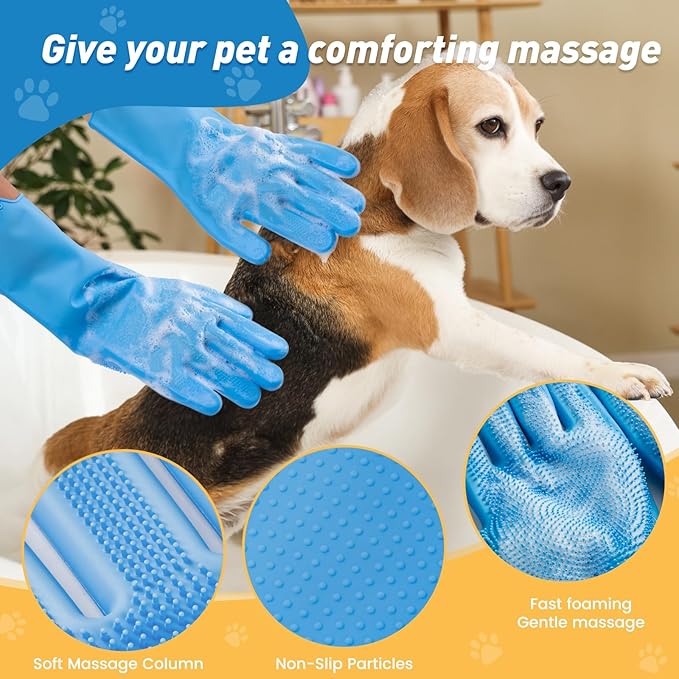 Pet Shower & Bath Supplies,Dog Shampoo Brush Set with Towel, Washing Gloves,Comb for Dogs and Cats (Blue)