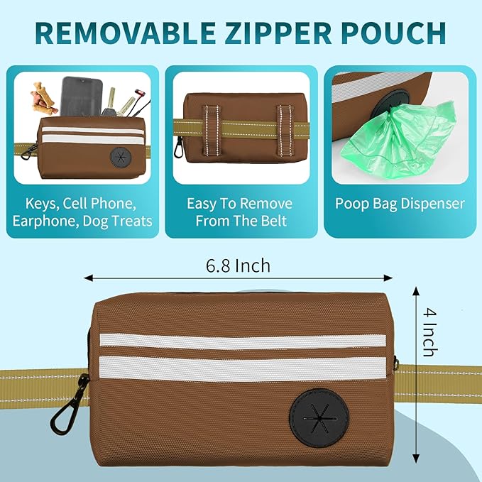 Hands Free Dog Leash with Removable Zipper Pouch, Dual Padded Handles and Durable Bungee for Walking, Jogging and Running-Brown