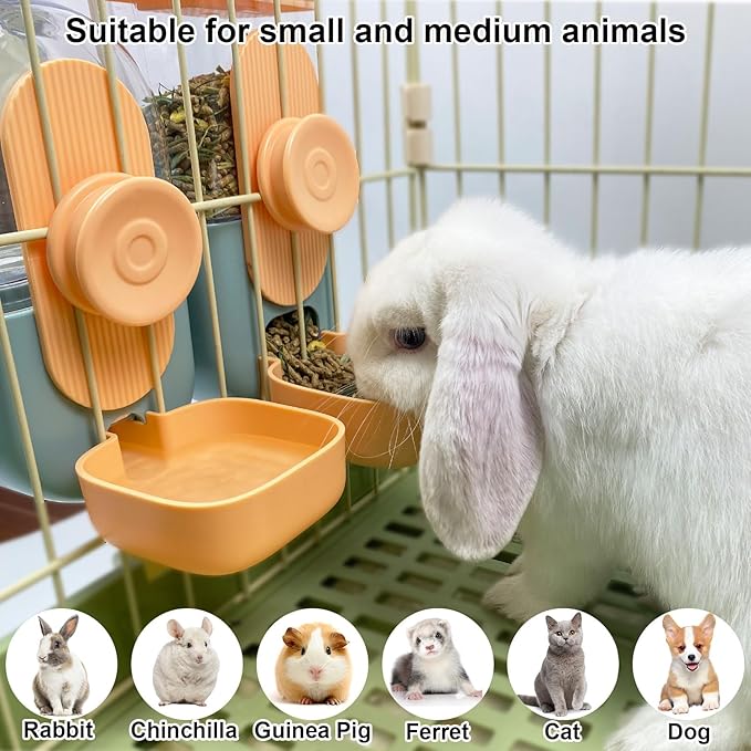 Hanging Automatic Pet Food Water Dispenser, 35oz Rabbit Feeder for Cage Gravity Feeder Siphon Waterer Set for Rabbit Chinchilla Hedgehog Ferret Cat Puppy (Orange)