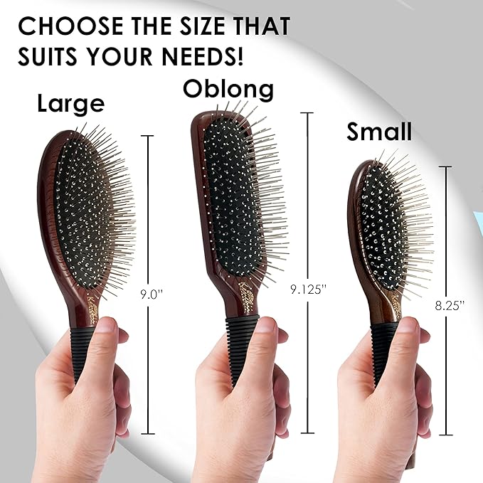 Kenchii Pet Grooming Metal Pin Brush | Solid Wood, Non-Slip Grip Detangling and Shedding Tool for Long or Short Haired Pets - Large Oblong Size