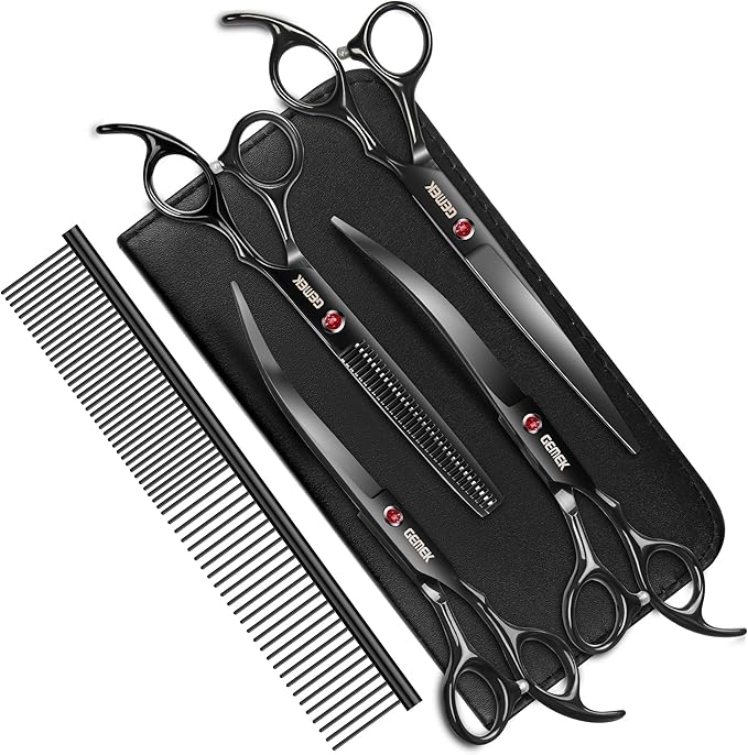 7.0in Titanium Rainbow Professional Pet Grooming Scissors Set, GEMEK 6 in 1 Straight & Thinning & Upwards Curved & Downwards Curved Scissors & Comb for Dogs, Cats (Rainbow)