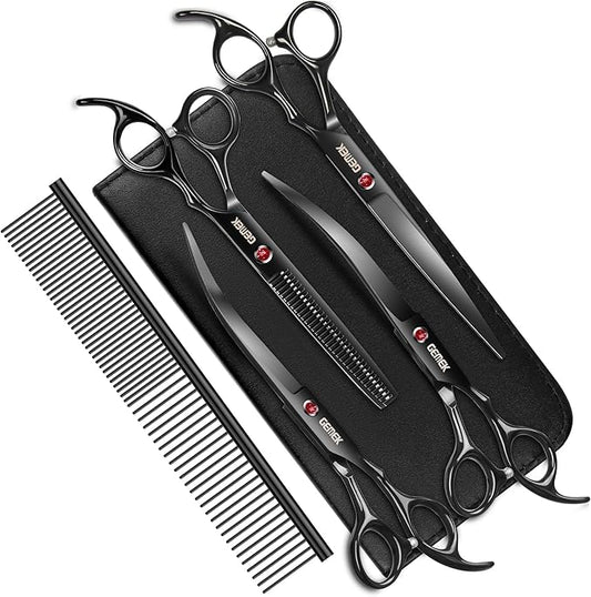 7.0in Titanium Rainbow Professional Pet Grooming Scissors Set, GEMEK 6 in 1 Straight & Thinning & Upwards Curved & Downwards Curved Scissors & Comb for Dogs, Cats (Rainbow)