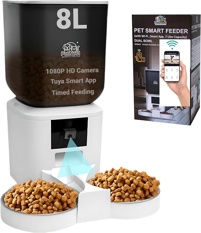 8L Automatic Cat Feeder with Camera – Automatic Dog Feeder Large Breed, Dual Bowl WiFi Cat Food Dispenser, Pet Food Dispenser with Tuya App Control, Night Vision, Voice Control, Timed Meals