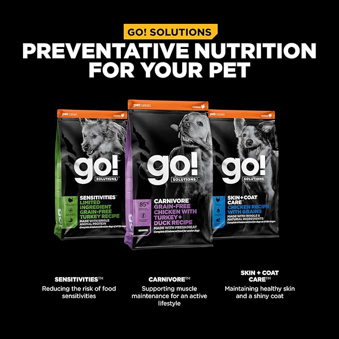Go! Solutions Carnivore, Grain-Free, Protein Rich Dry Dog Food, Chicken, Turkey and Duck Senior Recipe, 22 lb Bag