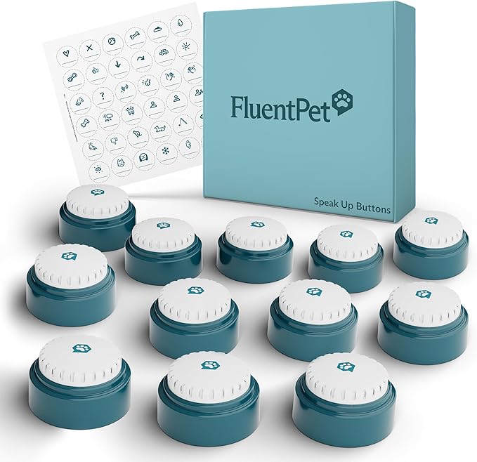 FluentPet Speak Up Dog Buttons for Communication, (12 Recordable Buttons) with Pre-Installed Batteries, Clearer Upward-Facing Sound, Training Buzzer for Dogs & Cats, Talking Pet Buttons for Training