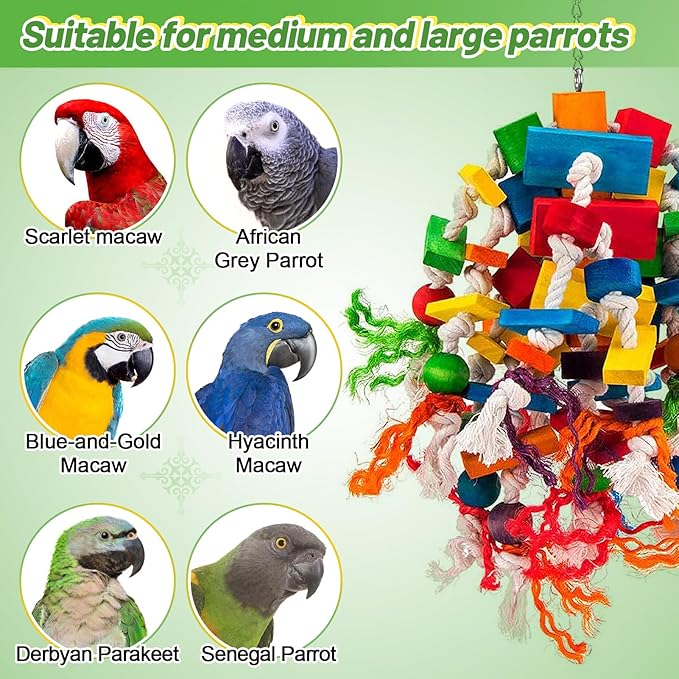 Large Parrot Toy - Multicolored Wooden Blocks Tearing Toys for Birds Suggested for African Grey, Macaw and Amazon Parrots