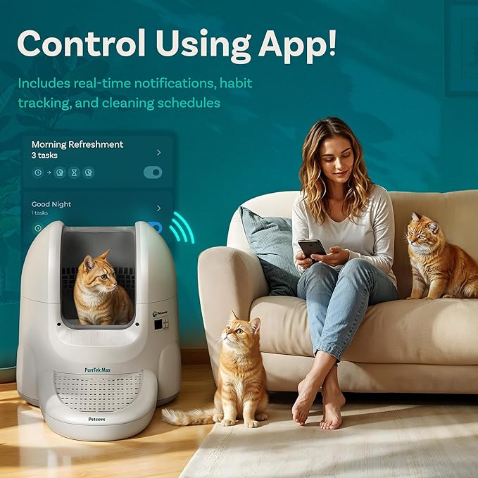 Self Cleaning Automatic Litter Box for Multi Cat - XL 65L Drum/Ultra Quiet 30-35dB Operation / 5 Safety Sensors/Easy App Control with Ultra Fast 5 GHz WiFi - Includes Ramp & 15 Litter Bags