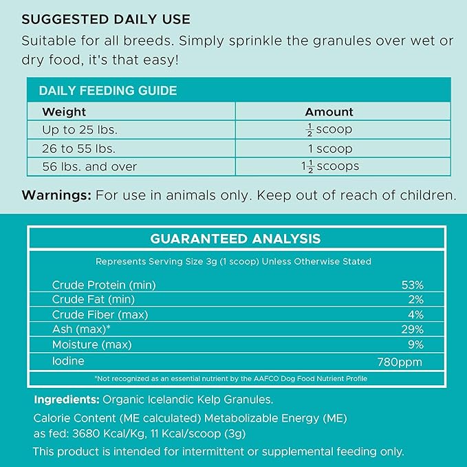 Kelp Supplement for Dogs – Natural Seaweed Powder for Thyroid Function, Dental Health, Immune Support, Skin & Coat – Iodine-Rich 4 oz Meal Topper with 5cc Spoon – Made in USA
