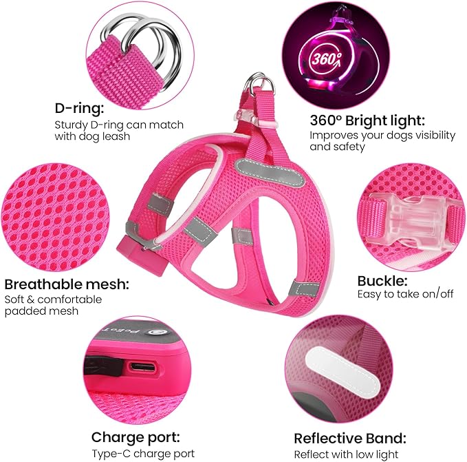 PceoTllar Light Up Dog Harness, LED No Pull Reflective Dog Harness, Flashing Lighted for Night Walking - Small/Medium, (Pink,S)