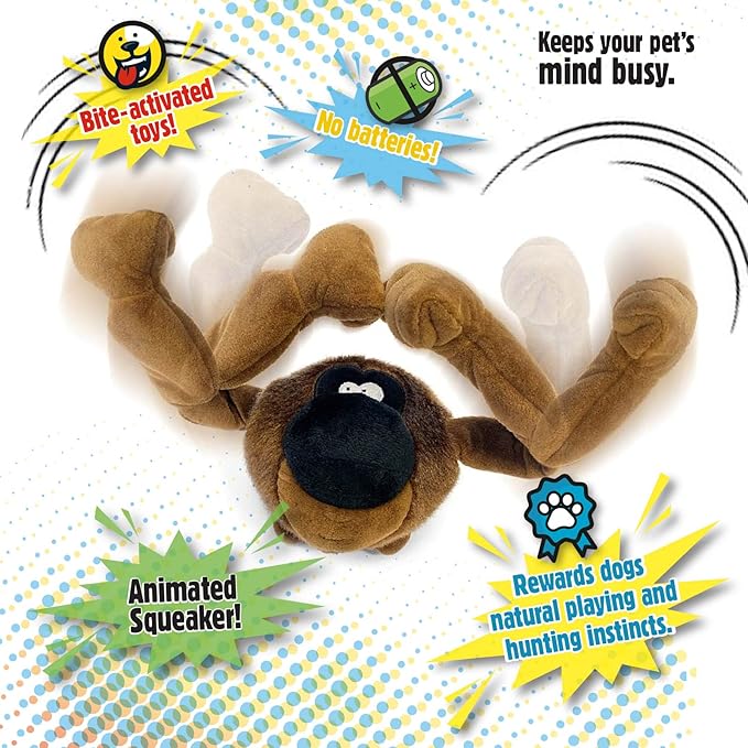 goDog Action Plush Ape Animated Squeaky Dog Toy, Chew Guard Technology - Brown, One Size