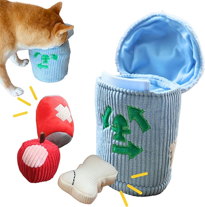 Squeaky Dog Toy, Interactive Plush Hide & Seek Puzzle Toys for Small Medium Large Dogs â Treat Dispenser 4-in-1 Durable Chew Toy, Dog Birthday for Dog Gifts (Trash Can)