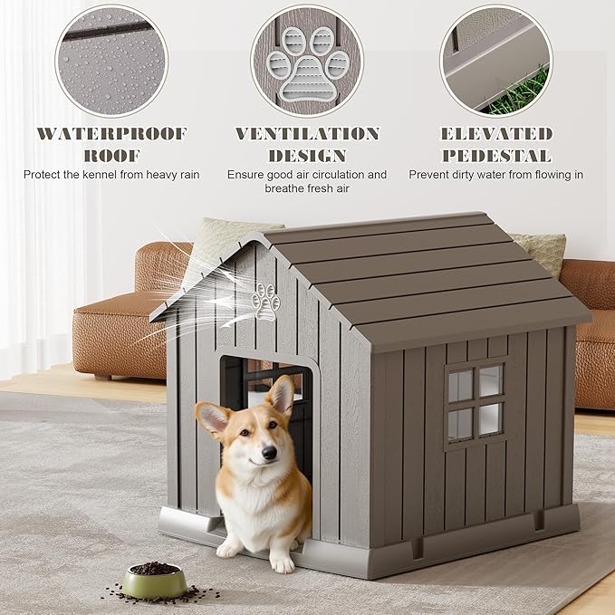 Large Dog House Outdoor Indoor for Medium Large Dogs, Durable Plastic Waterproof Doghouse with Air Vents and Elevated Floor, Easy Clean and Assemble (Grey, 31" L x 33.3" W x 33.5" H)