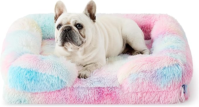 Bedsure Orthopedic Dog Bed Medium Size Dogs - Washable Medium Dog Cat Bed Waterproof, Comfort Pet Couch Sofa with Washable Removable Cover, Pets Bed with Nonskid Bottom, Long Faux Fur-Multi Color, 28"