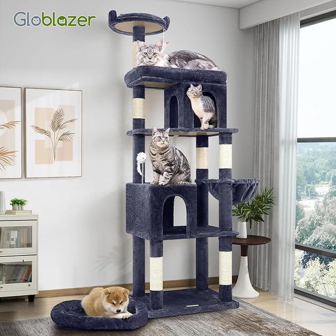 Globlazer Heavy Duty Cat Trees for Large Cats, Sturdy 72in Maine Coon Cat Tree for Large Cats 20 lbs+ Heavy Duty Cat Tower for Adult Biggest Cat with 6 Scratching Posts, Hammock, S72, Smoky Gray