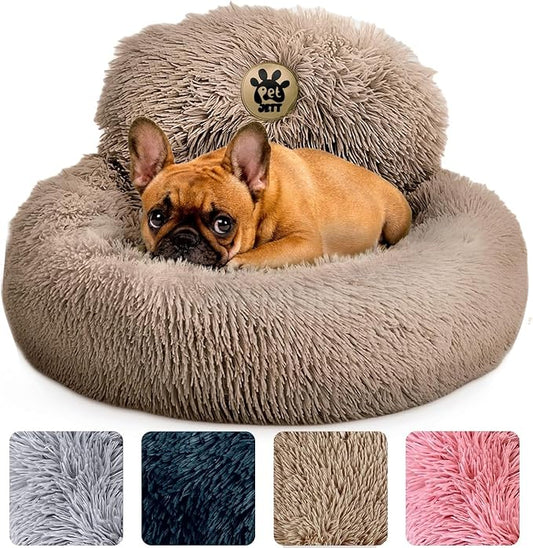 PetJett Calming Dog Bed for Small Dogs – 23" Donut Dog Beds, Anti-Slip & Washable Fluffy Plush Faux Fur Pet Bed, Anti-Anxiety Premium Comfort Round Puppy Bed, Fits Dogs up to 25 lbs – Beige