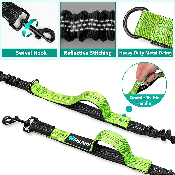 PetAmi Heavy Duty Hands Free Dog Leash, Adjustable Waist Belt for Large Dog Walking Up to 125 lbs, Bungee Leash for Pet Running, Hiking, Reflective Safety for Jogging, Biking, Green Handle
