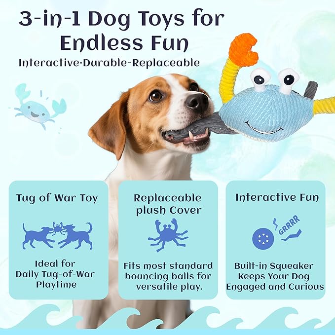 Dog Toys for Aggressive Chewers – 3-in-1 Squeaky Interactive Chew Toy with Spiky Ball for Small, Medium & Large Dog, Pet Plush Toys(Bouncing Ball Not Included)