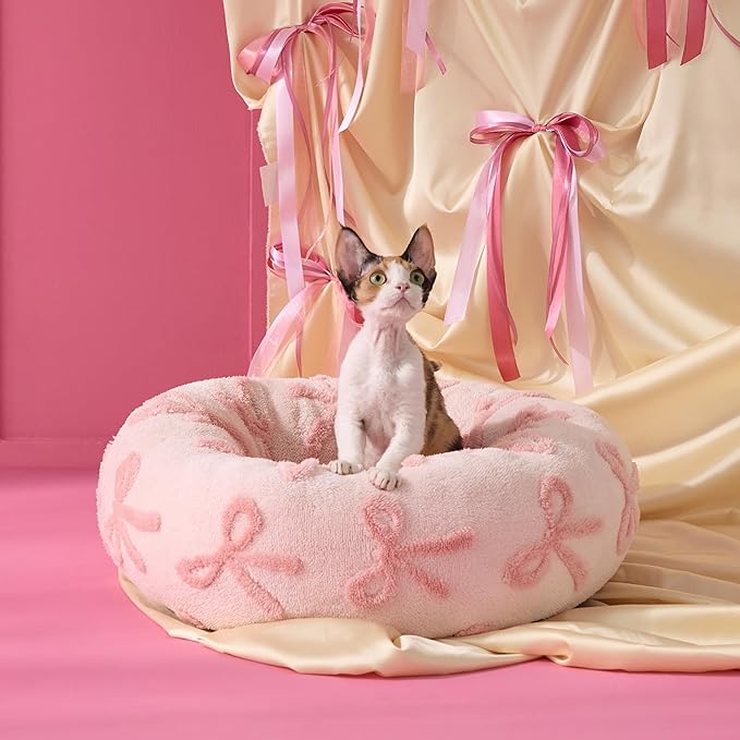 LE SURE Donut Cat Beds for Indoor Cats - Round Small Dog Bed Calming Pet Beds, Cute Modern Beds with Jacquard Shaggy Plush & Anti Slip Bottom, 20 Inch, Pink Taffy