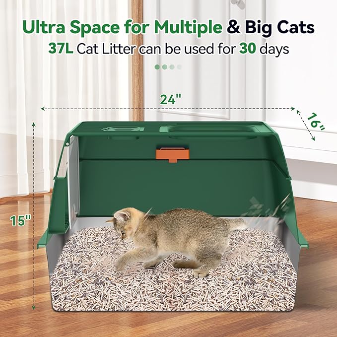 Stainless Steel Litter Box with Lid, Cat Litter Box Enclosure XL Odor-Proof with Litter Mat, Covered Litter Box Rust-Resistant Durable for Big Cat, Easy Clean 37L Capacity (Green)