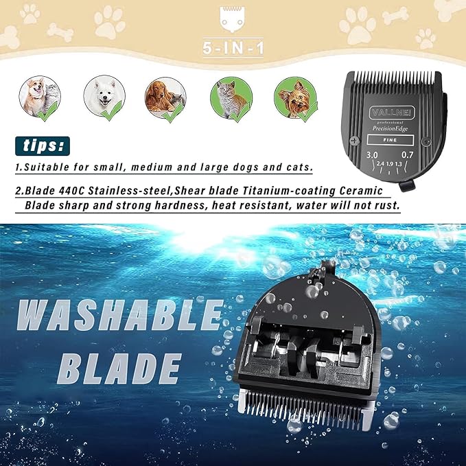 Detachable Adjustable Pet Dog Grooming Clipper 5-in-1 Blade Compatible with WAHL Professional Animal Blade Arco, Bravura, Chromado, Creativa, Figura, and Motion Pet, Dog, and Horse Clippers Black