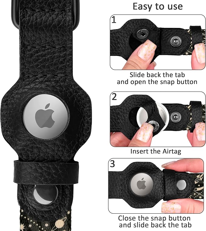 AirTag Dog Collar with Metal Buckle - Soft Leather Printed Nylon Dog Collar with Apple AirTag Holder - Cute Tracking GPS Pet Collars for Girl Boy Small Large Dogs (L, 17"-21" Neck Fit, Space)