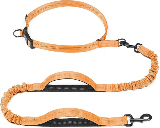 iYoShop Retractable Hands Free Dog Leash - Dual Handle Bungee Waist Leash for Small, Medium and Large Dogs (Medium/Large, 25-150 lbs, Orange)