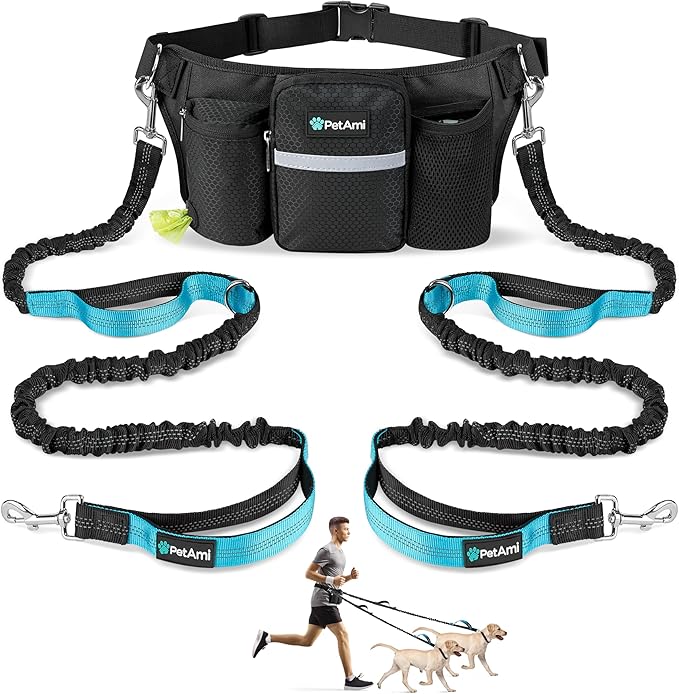 PetAmi Premium Hands Free Dog Leash for 2 Dogs, Adjustable Waist Belt Leash for Dog Walking, Fanny Pack Accessories Bag Dual Bungee Leash for Running, Hiking, Jogging, Biking, Black