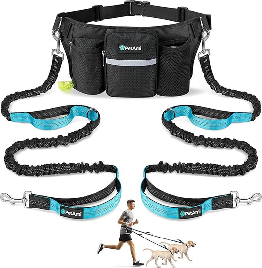 PetAmi Premium Hands Free Dog Leash for 2 Dogs, Adjustable Waist Belt Leash for Dog Walking, Fanny Pack Accessories Bag Dual Bungee Leash for Running, Hiking, Jogging, Biking, Black