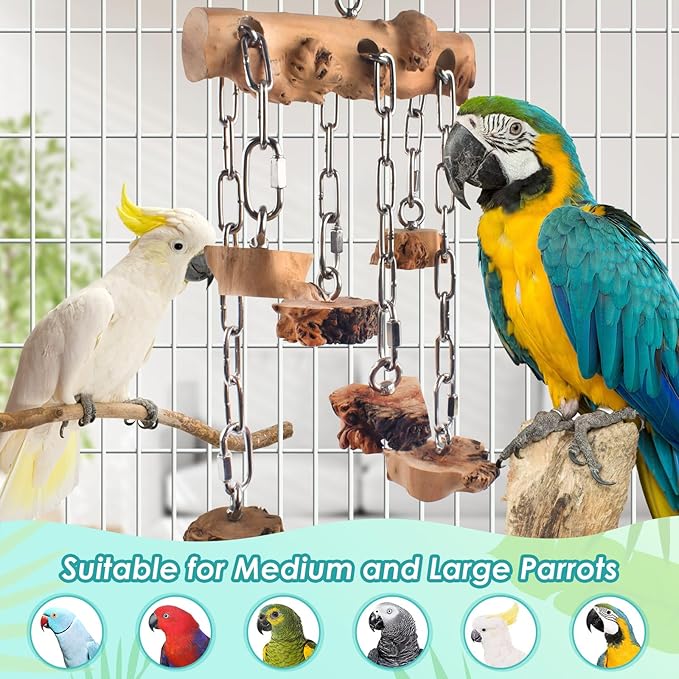Bird Toys for Parrots, Durable Wooden Large Parrot Toy with Stainless Steel, Hanging Natural Chew Hardwood Blocks for Macaws, African Greys, Amazon Parrots, Cockatoos and Small Medium Parakeets