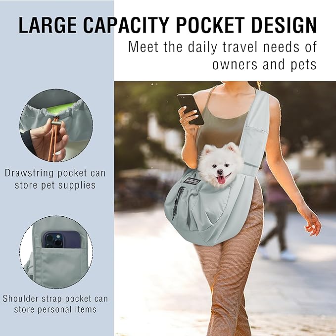 Dog Carrier Sling - Extra Wide Padded Shoulder Straps, Adjustable Hands-Free Small Dog Camier, Ergonomic Design for Travel and Daily Walks, for Small Dogs and Cats 12 lbs, (Light Grey)