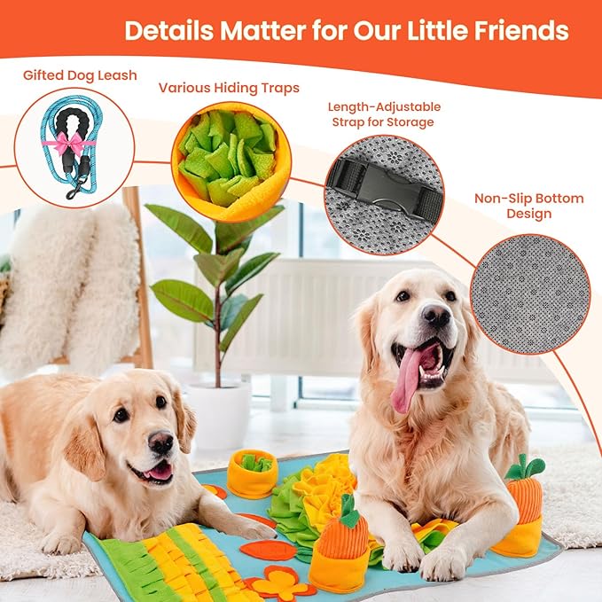 Snuffle Mat for Dogs 32''X20'' for Large Dogs with Dog Leash, Nosework Interactive Sniffing Mat for Cats Rabbits, Slow Feeding Mat for Foraging and Stress Relief (Blue, 32"x20")