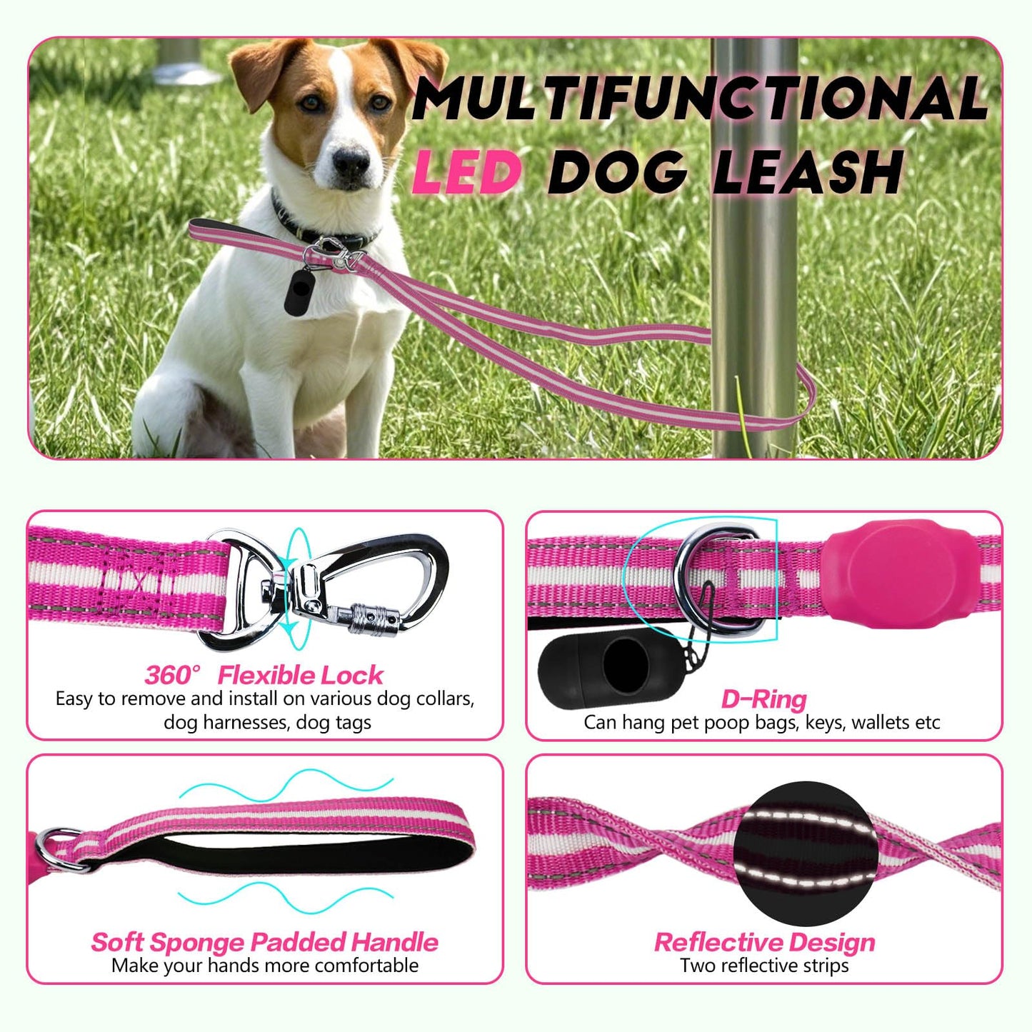 LED Light Up Dog Leash, 5 Ft Rechargeable Lighted Glowing Dog Leash with 3 Flash Modes Night Walking Safety, Nylon Waterproof Reflective Leashes with Padded Handle for Small Medium Large Pet