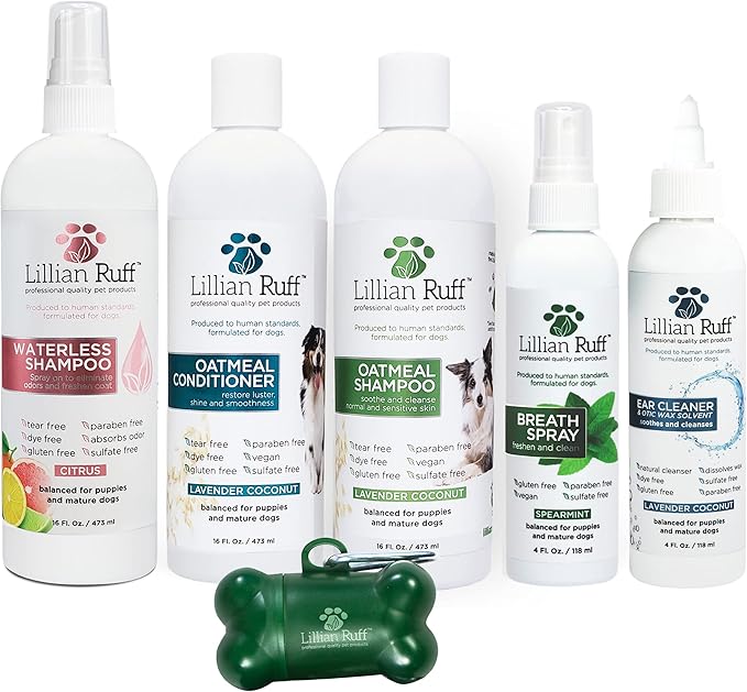 Lillian Ruff Starter Pack Gift Set for Dogs | Oatmeal Shampoo, Oatmeal Conditioner, Waterless Shampoo Citrus, Ear Cleaner & Otic Wax Solvent, Breath Spray, Leash Clip Waste Bag Dispenser with 15 Bags