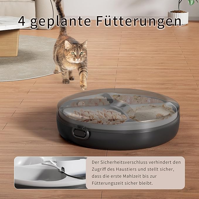Automatic Cat Feeder Wet Food, Whisker-Friendly Automatic Cat Food Dispenser True 4-Meal Design with Locking Lid, Smart Timer Feeder for Wet Cat/Dog ,2-Ice Packs, Easy to Clean (Black)