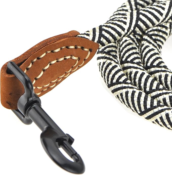 Mile High Life Hands Free Dog Leash, Crossbody Waist Leash with Genuine Leather Connection, Multifunctional Adjustable Slip Lead for Dog Walking Running (Blue White, 8FT)