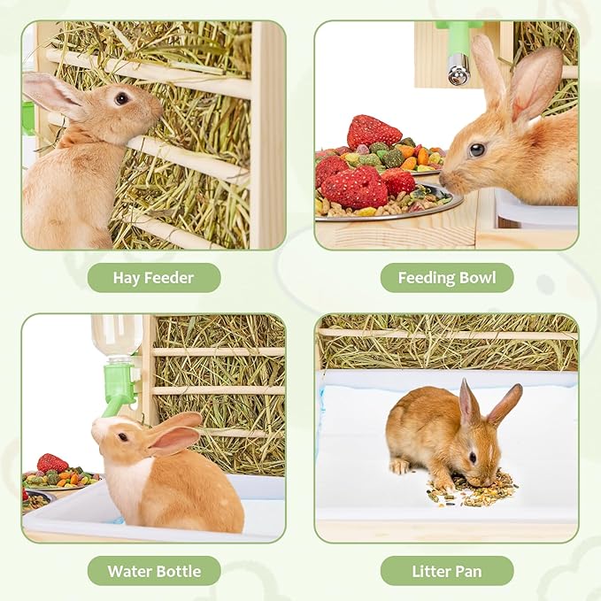 Rabbit Hay Feeder with Litter Box, Small Animals Hay Rack with Water Bottle, and 2 Bowls, Wooden Bunny Hay Holder Feeder Toilet Combo for Rabbit, Guinea Pig, Hamster, Hedgehog, Chinchillas