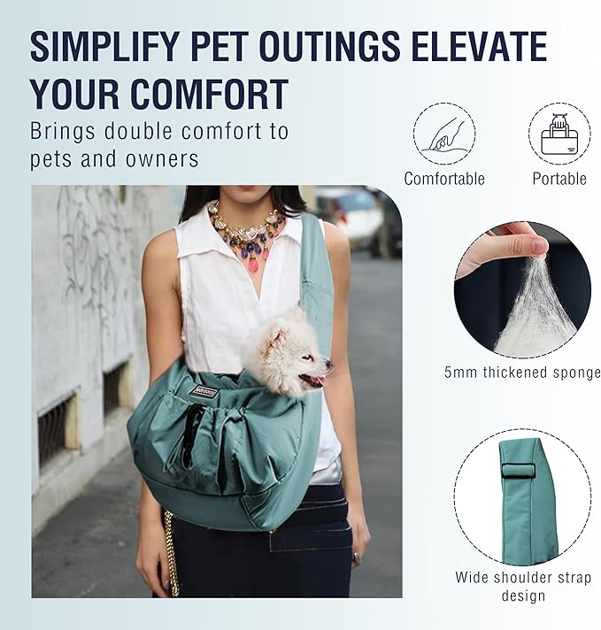 Dog Carrier Sling - Extra Wide Padded Shoulder Straps, Adjustable Hands-Free Small Dog Camier, Ergonomic Design for Travel and Daily Walks, for Small Dogs and Cats 12 lbs, (Peacock Blue)