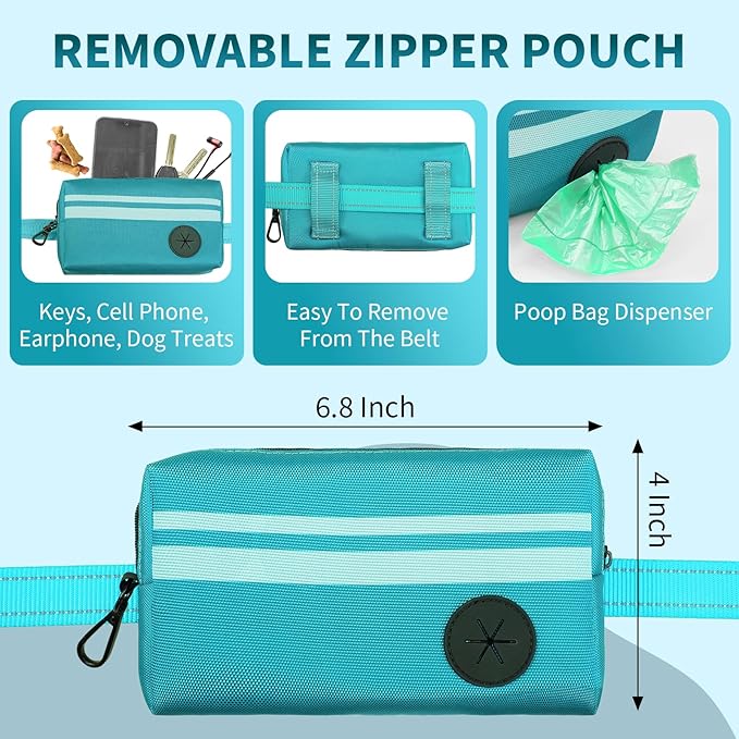 Hands Free Dog Leash with Removable Zipper Pouch, Dual Padded Handles and Durable Bungee for Walking, Jogging and Running Green