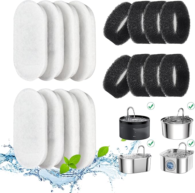 Cat Water Fountain Filters, 16 Pack Cat Fountain Filters, Cat Fountain Replacement Filters for 67oz/2L&108oz/3.2L Stainless Steel Cat Water Fountain, Pet Water Fountain Filters (8 Filters & 8 Sponges)